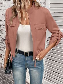 SHEIN LUNE Chaqueta corta casual de primavera y otoño, color liso, cuello alto, dobladillo con cordón, mangas enrolladas, rosa empolvado, para trabajo y oficina - Rosa coral - Ver 4