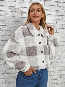 SHEIN LUNE Buffalo Plaid Print Drop Shoulder Teddy Jacket In Fall/Winter - Mauve Purple - View 6