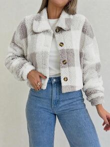 SHEIN LUNE Buffalo Plaid Print Drop Shoulder Teddy Jacket In Fall/Winter - Mauve Purple - View 2
