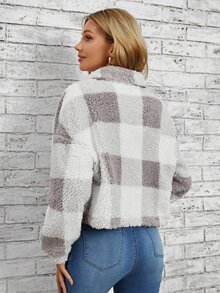 SHEIN LUNE Buffalo Plaid Print Drop Shoulder Teddy Jacket In Fall/Winter - Mauve Purple - View 3