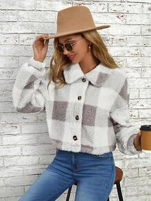 SHEIN LUNE Buffalo Plaid Print Drop Shoulder Teddy Jacket In Fall/Winter - Mauve Purple - View 4