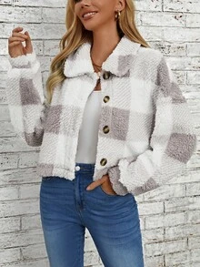 SHEIN LUNE Buffalo Plaid Print Drop Shoulder Teddy Jacket In Fall/Winter - Mauve Purple - View 5