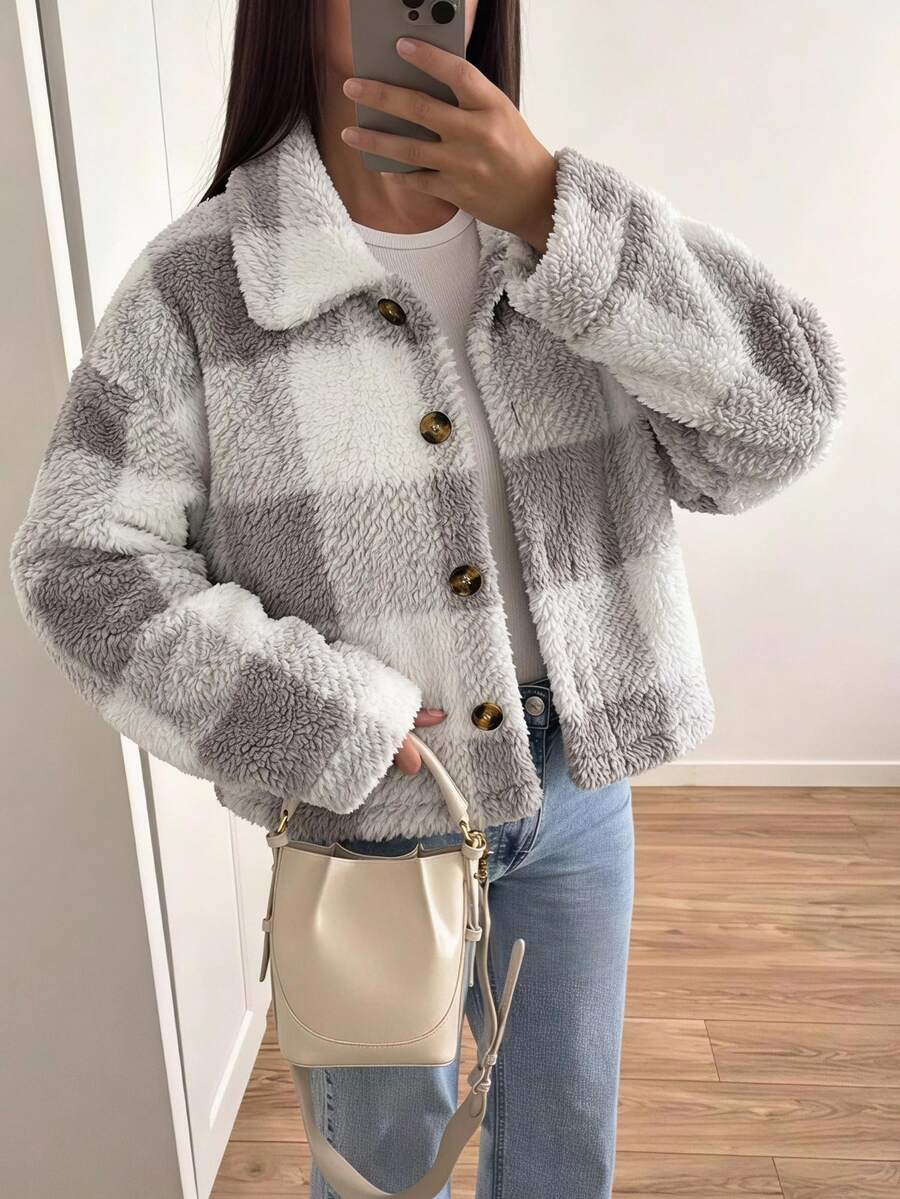 SHEIN LUNE Buffalo Plaid Print Drop Shoulder Teddy Jacket In Fall/Winter