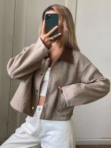 DAZY Women's Short Leather PU Lapel Blazer, Loose Casual Commute Office Jacket With Large Pockets, Fall/ Brown Winter - Khaki - View 3