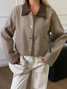 DAZY Women's Short Leather PU Lapel Blazer, Loose Casual Commute Office Jacket With Large Pockets, Fall/ Brown Winter - Khaki - View 6
