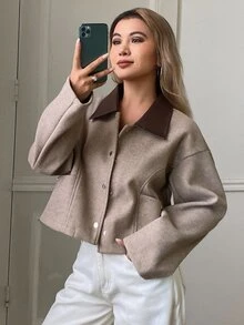 DAZY Women's Short Leather PU Lapel Blazer, Loose Casual Commute Office Jacket With Large Pockets, Fall/ Brown Winter - Khaki - View 4