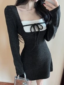 DAZY Autumn/Winter Square Neck White Patchwork Bow Long Sleeve Fitted Knit Black Sweet Date Wedding College Style Women's Short Dress - Black - View 5