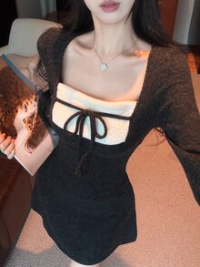 DAZY Autumn/Winter Square Neck White Patchwork Bow Long Sleeve Fitted Knit Black Sweet Date Wedding College Style Women's Short Dress - Black - View 6