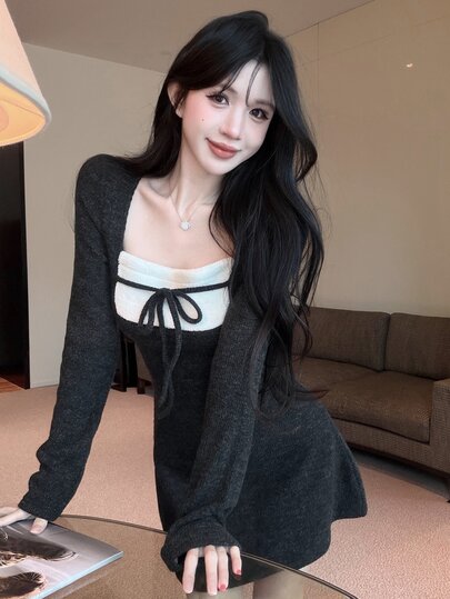 DAZY Autumn/Winter Square Neck White Patchwork Bow Long Sleeve Fitted Knit Black Sweet Date Wedding College Style Women's Short Dress