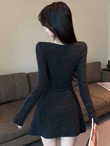 DAZY Autumn/Winter Square Neck White Patchwork Bow Long Sleeve Fitted Knit Black Sweet Date Wedding College Style Women's Short Dress - Black - View 7
