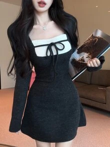DAZY Autumn/Winter Square Neck White Patchwork Bow Long Sleeve Fitted Knit Black Sweet Date Wedding College Style Women's Short Dress - Black - View 2