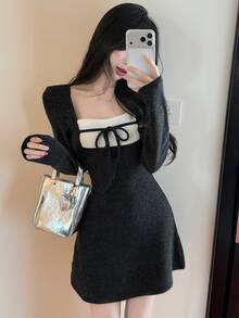 DAZY Autumn/Winter Square Neck White Patchwork Bow Long Sleeve Fitted Knit Black Sweet Date Wedding College Style Women's Short Dress - Black - View 3