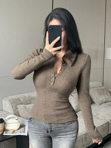 DAZY 女款秋冬毛絨毛領拼接修身羅紋針織休閒街頭約會通勤打底T恤 - 棕色 - 查看 4