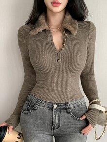 DAZY 女款秋冬毛絨毛領拼接修身羅紋針織休閒街頭約會通勤打底T恤 - 棕色 - 查看 2