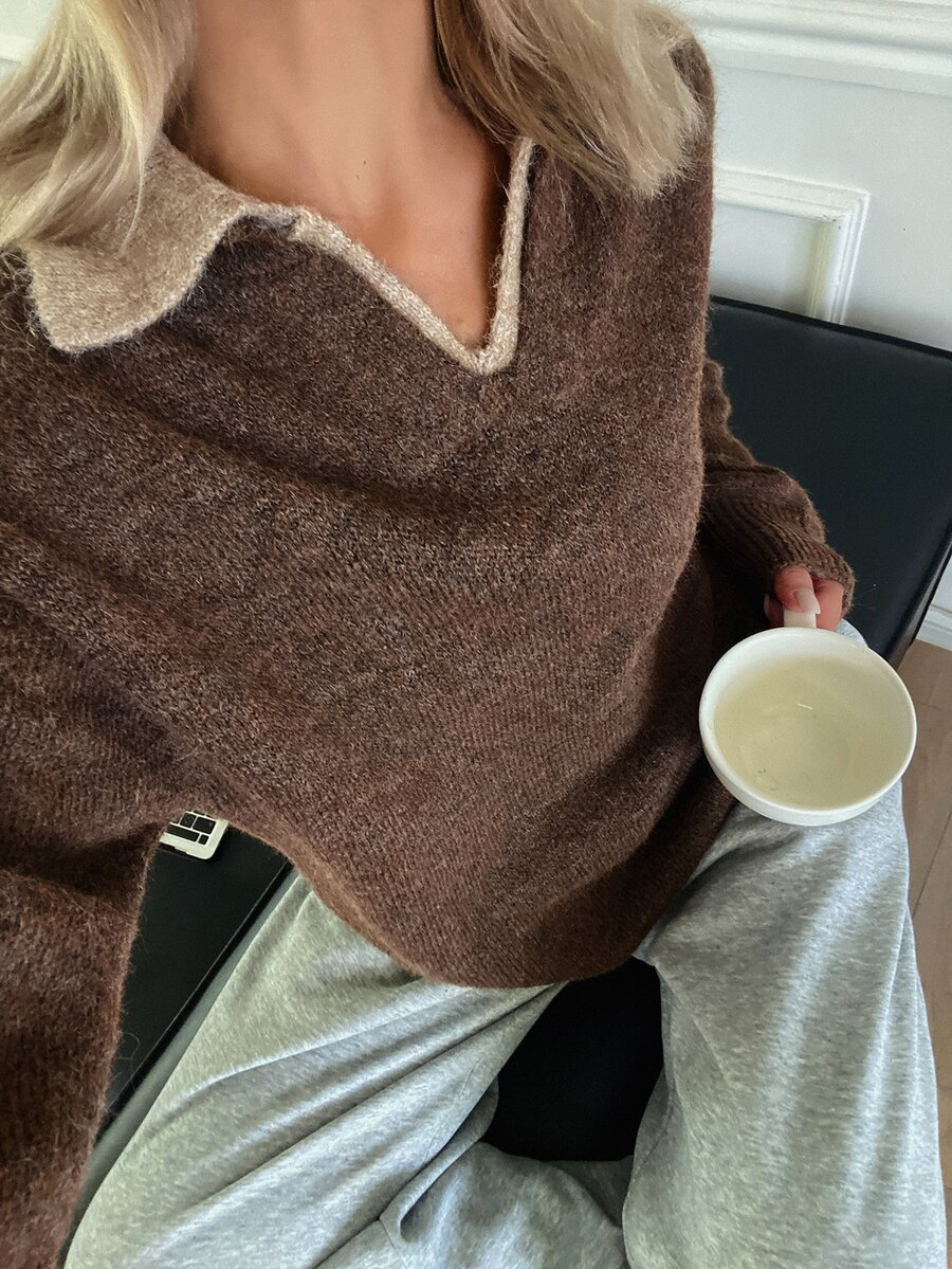 DAZY Women's Autumn/Winter Brown 2 In 1 V-Neck Colorblock Patchwork Loose Knit Sweater Polo Shirt, Casual Home Street Office Commute - Brown - View 1