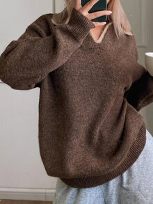 DAZY Women's Autumn/Winter Brown 2 In 1 V-Neck Colorblock Patchwork Loose Knit Sweater Polo Shirt, Casual Home Street Office Commute - Brown - View 3