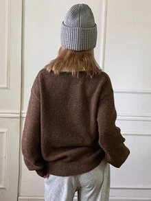 DAZY Women's Autumn/Winter Brown 2 In 1 V-Neck Colorblock Patchwork Loose Knit Sweater Polo Shirt, Casual Home Street Office Commute - Brown - View 6
