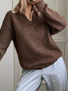 DAZY Women's Autumn/Winter Brown 2 In 1 V-Neck Colorblock Patchwork Loose Knit Sweater Polo Shirt, Casual Home Street Office Commute - Brown - View 2