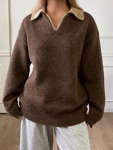 DAZY Women's Autumn/Winter Brown 2 In 1 V-Neck Colorblock Patchwork Loose Knit Sweater Polo Shirt, Casual Home Street Office Commute - Brown - View 5