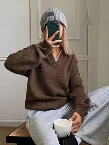 DAZY Women's Autumn/Winter Brown 2 In 1 V-Neck Colorblock Patchwork Loose Knit Sweater Polo Shirt, Casual Home Street Office Commute - Brown - View 4