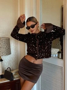 DAZY Autumn/Winter Brown Sequin Ruffle Bell Sleeve Cropped Shiny Party Evening Luxury Wedding Cardigan Jacket For Women - Brown - View 4
