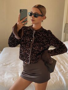 DAZY Autumn/Winter Brown Sequin Ruffle Bell Sleeve Cropped Shiny Party Evening Luxury Wedding Cardigan Jacket For Women - Brown - View 3