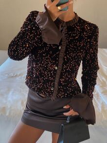 DAZY Autumn/Winter Brown Sequin Ruffle Bell Sleeve Cropped Shiny Party Evening Luxury Wedding Cardigan Jacket For Women - Brown - View 2