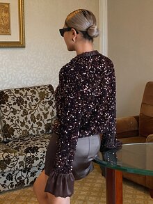 DAZY Autumn/Winter Brown Sequin Ruffle Bell Sleeve Cropped Shiny Party Evening Luxury Wedding Cardigan Jacket For Women - Brown - View 5