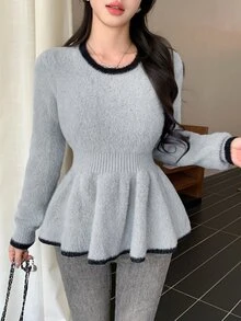 Joudiya Fall Round Neck Grey Contrast Trim Ruffle Hem Cinched Waist Long Sleeve Fuzzy Knit Sweet French Elegant Date Office Commute Women's Sweater Winter - Grey - View 4