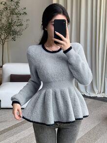 Joudiya Fall Round Neck Grey Contrast Trim Ruffle Hem Cinched Waist Long Sleeve Fuzzy Knit Sweet French Elegant Date Office Commute Women's Sweater Winter - Grey - View 1
