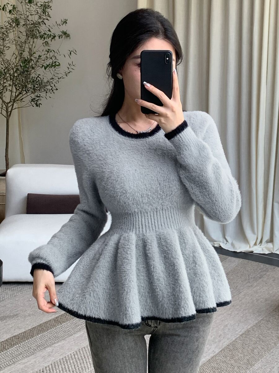 Joudiya Fall Round Neck Grey Contrast Trim Ruffle Hem Cinched Waist Long Sleeve Fuzzy Knit Sweet French Elegant Date Office Commute Women's Sweater Winter - Grey - View 1