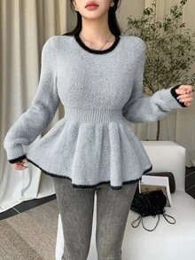 Joudiya Fall Round Neck Grey Contrast Trim Ruffle Hem Cinched Waist Long Sleeve Fuzzy Knit Sweet French Elegant Date Office Commute Women's Sweater Winter - Grey - View 7
