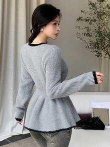 Joudiya Fall Round Neck Grey Contrast Trim Ruffle Hem Cinched Waist Long Sleeve Fuzzy Knit Sweet French Elegant Date Office Commute Women's Sweater Winter - Grey - View 3