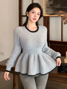 Joudiya Fall Round Neck Grey Contrast Trim Ruffle Hem Cinched Waist Long Sleeve Fuzzy Knit Sweet French Elegant Date Office Commute Women's Sweater Winter - Grey - View 5