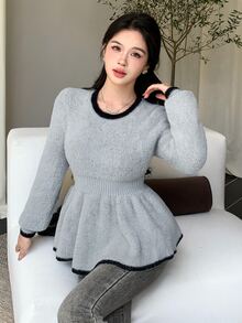 Joudiya Fall Round Neck Grey Contrast Trim Ruffle Hem Cinched Waist Long Sleeve Fuzzy Knit Sweet French Elegant Date Office Commute Women's Sweater Winter - Grey - View 8