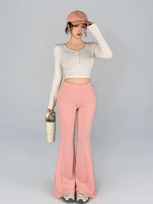 DAZY Autumn Korean Style Textured Heart Pattern Jacquard Flare Leg Slimming Butt-Lifting Casual Long Pants Streetwear Home Lace Patchwork Sports Leggings - Pink - View 4
