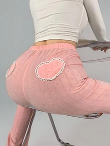DAZY Autumn Korean Style Textured Heart Pattern Jacquard Flare Leg Slimming Butt-Lifting Casual Long Pants Streetwear Home Lace Patchwork Sports Leggings - Pink - View 7