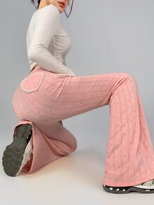DAZY Autumn Korean Style Textured Heart Pattern Jacquard Flare Leg Slimming Butt-Lifting Casual Long Pants Streetwear Home Lace Patchwork Sports Leggings - Pink - View 5