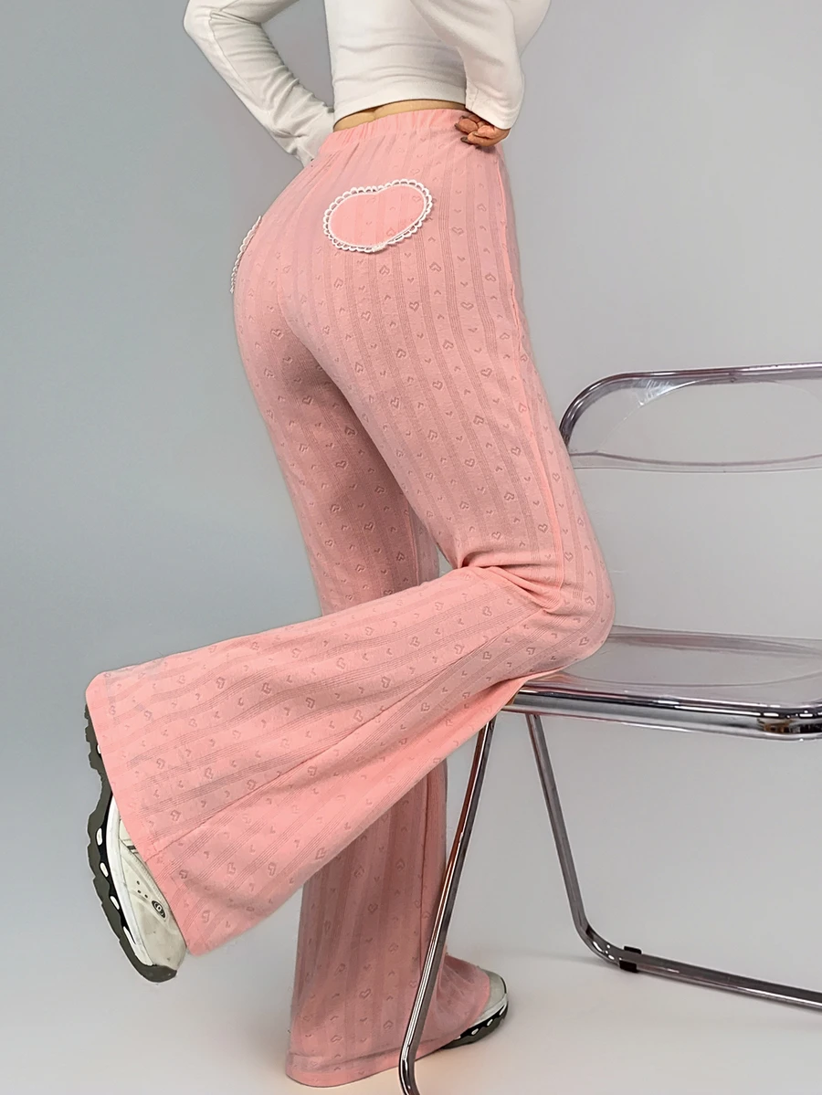 DAZY Autumn Korean Style Textured Heart Pattern Jacquard Flare Leg Slimming Butt-Lifting Casual Long Pants Streetwear Home Lace Patchwork Sports Leggings - Pink - View 1