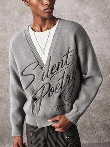 ROMWE MEN Suéter de manga larga con botones bordados versátil de moda para hombres - Gris - Ver 3
