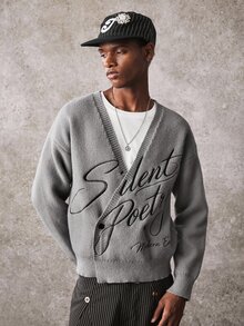 ROMWE MEN Suéter de manga larga con botones bordados versátil de moda para hombres - Gris - Ver 9