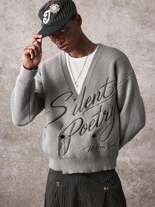 ROMWE MEN Suéter de manga larga con botones bordados versátil de moda para hombres - Gris - Ver 6