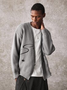 ROMWE MEN Suéter de manga larga con botones bordados versátil de moda para hombres - Gris - Ver 8