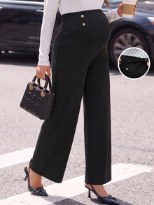 MaterniWear Maternity Casual Button Adjustable Waist Loose Pants Fall - Black - View 2