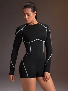 Powerista Women's Contrast Stitching Raglan Long Sleeve T-Shirt And Shorts Sports Set - Black - View 1