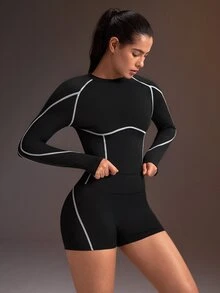 Powerista Women's Contrast Stitching Raglan Long Sleeve T-Shirt And Shorts Sports Set - Black - View 4
