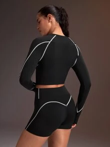 Powerista Women's Contrast Stitching Raglan Long Sleeve T-Shirt And Shorts Sports Set - Black - View 2