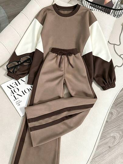 Franclia Autumn/Winter Colorblock Crew Neck Sweatshirt & Wide Leg Pants 2 Pieces Set, Sports Casual Commute Outfit