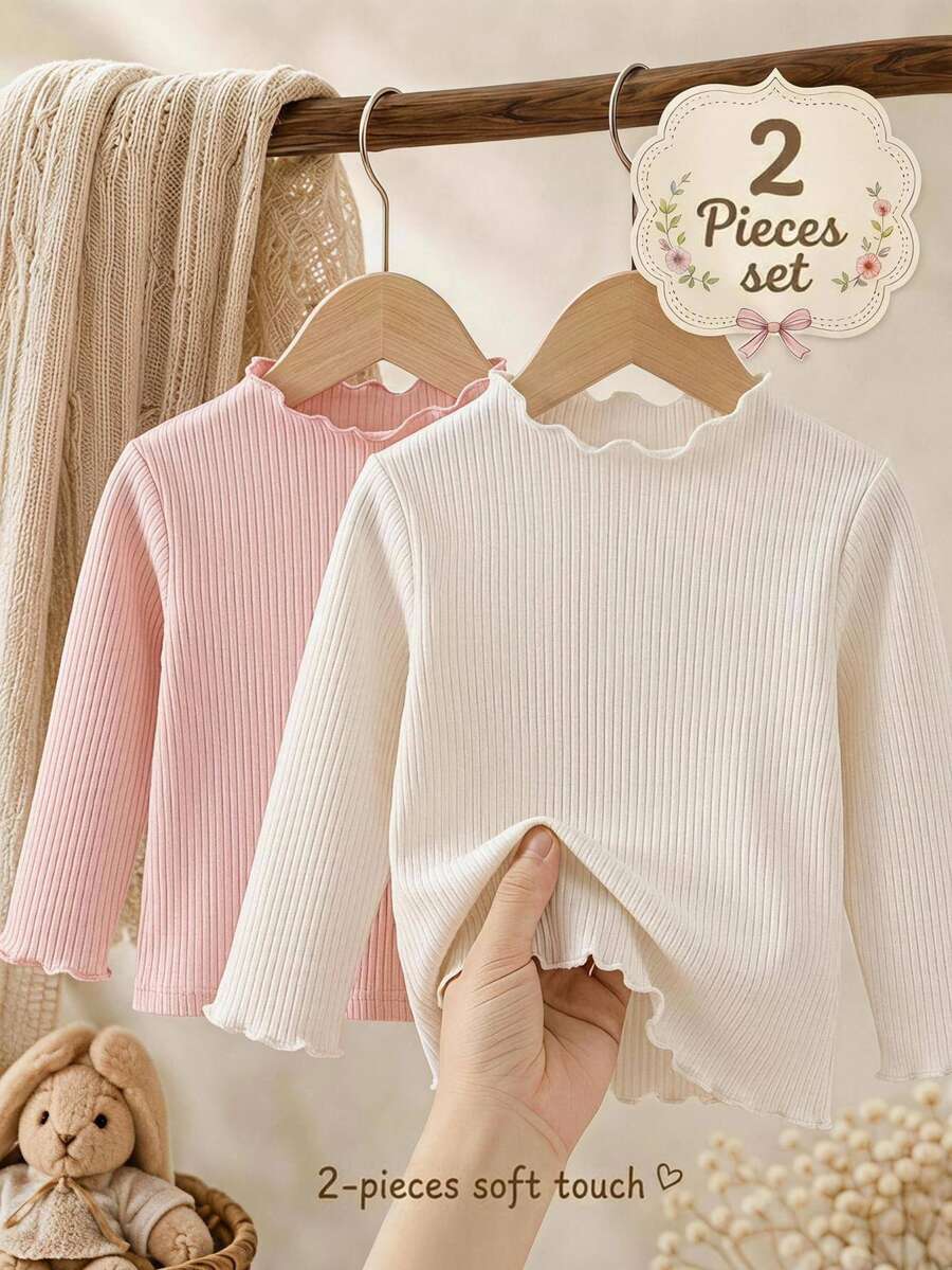 Cozy Pixies 2件組女嬰純色羅紋長袖荷葉邊上衣 - 彩色 - 查看 1