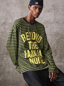 ROMWE MEN Fashion Striped Print Long Sleeve Pullover T-Shirt - Green - View 8
